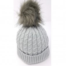 KIDS6216GREY: Baby Cable Knit Fur Pom Hat- Grey (0-6 Months)